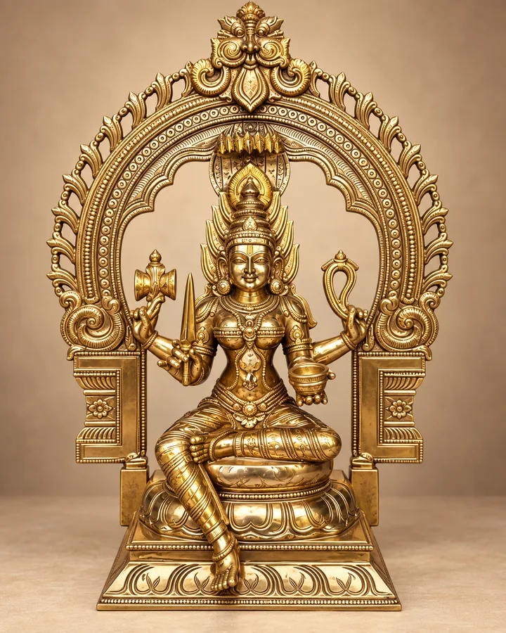 Goddess Amman with Ornamental Prabhavali bronze sacred sculpture