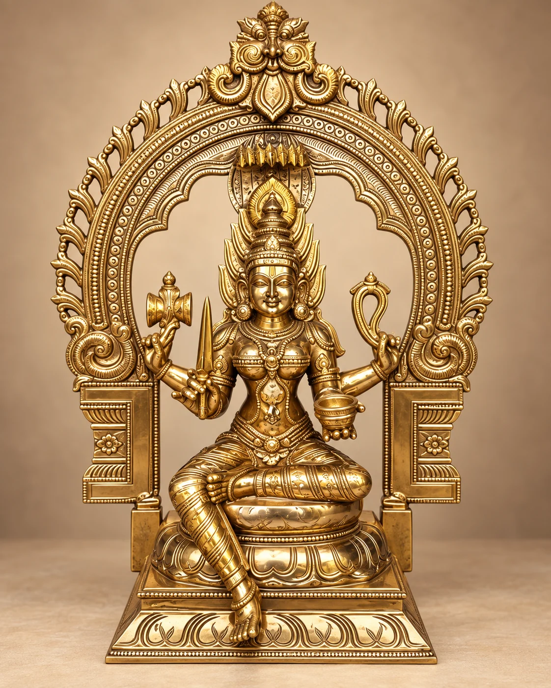 Ornate sacred bronze Devi sculpture framed by a decorative temple arch