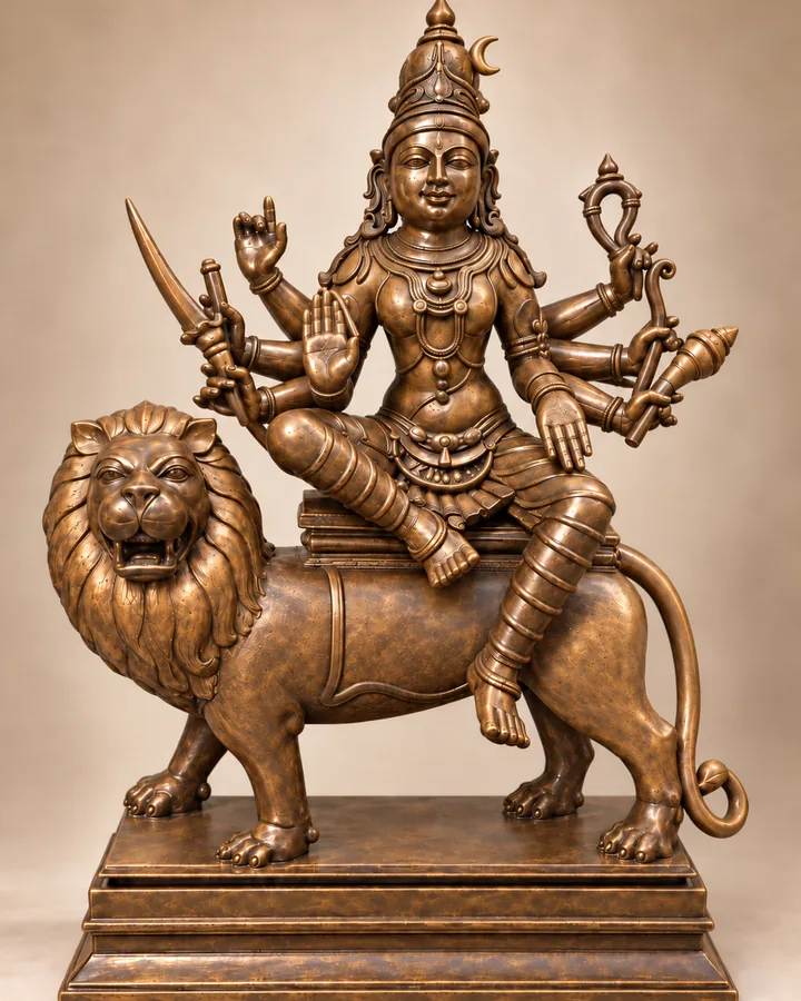 Goddess Amman with Lion sacred bronze sculpture