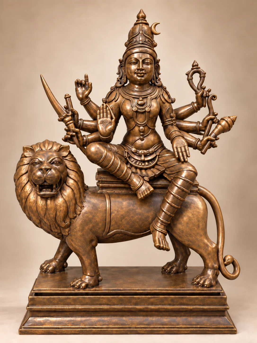 Goddess Amman with Lion sacred bronze sculpture by Sanctum Form
