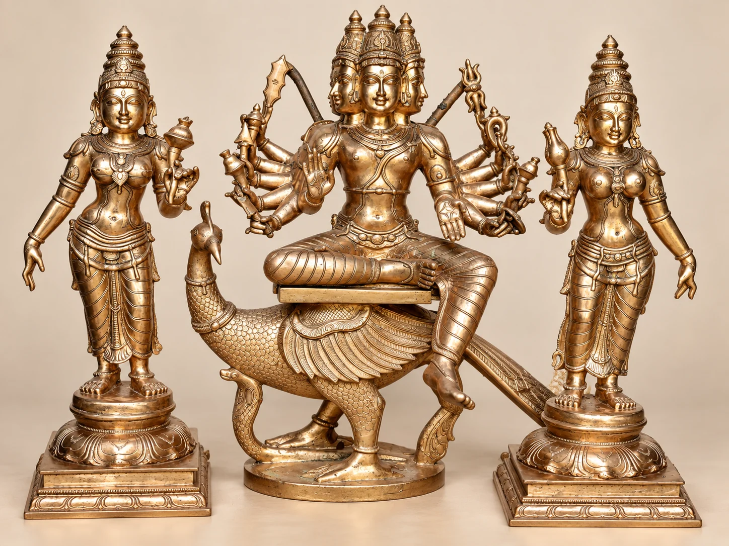 Lord Murugan (Shanmukha) with Valli & Deivanai sacred bronze sculpture by Sanctum Form