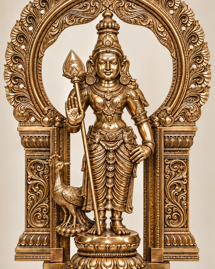Lord Murugan with Peacock sacred bronze sculpture